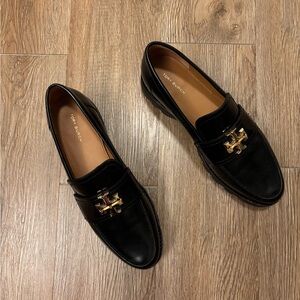 Tory Burch Black Leather Lug Sole Loafers with Gold Logo 9